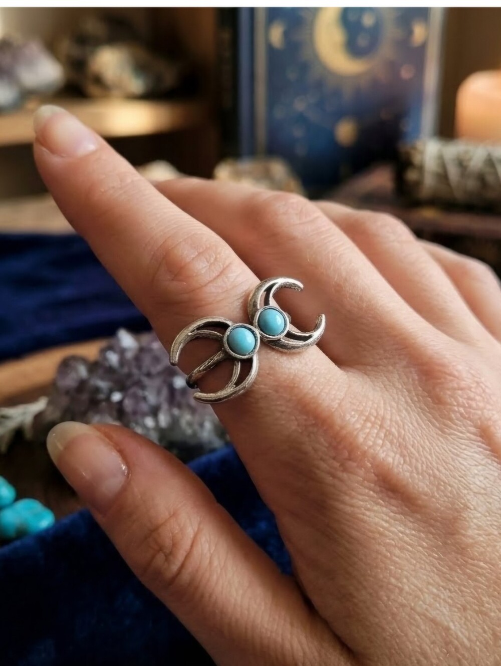 LUCKY DOUBLE HORSESH LADIES SIZE 6 TURQUOISE INLAID STONE SILVER NEW ACCENT RING